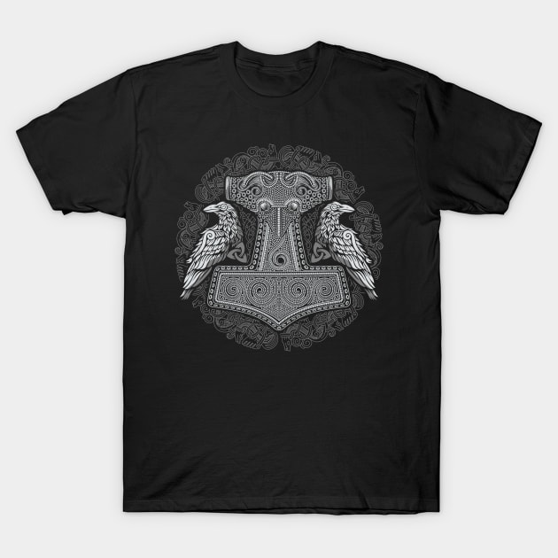 Viking Thors Raven Hammer Norse Mjolnir Pagan Knotwork Ravens T-Shirt by Blue Pagan